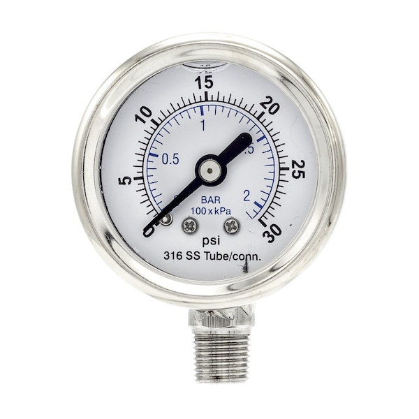 Pro 1 1/2 in Dial, 0/30 PSI & Bar, 1/8 in NPT, Lower Mount Glycerin Filled Pressure Gauge PRO-301L-158C-01 - main